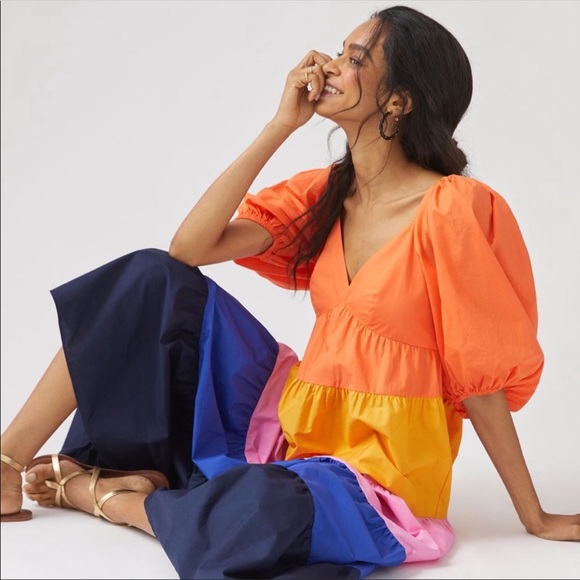 Anthropologie x Farm Rio Tiered Colorblocked Maxi Dress Puff Short Sleeve NEW - Picture 5 of 5